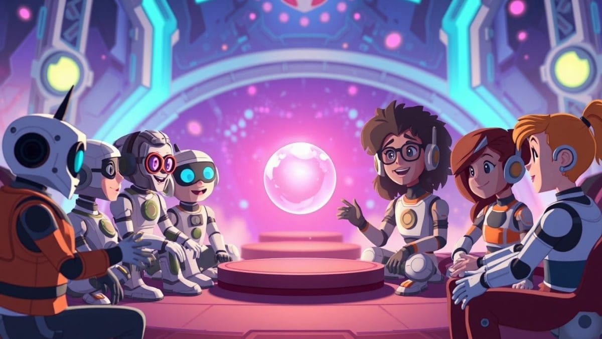 AI characters interacting in a futuristic, game-like environment.