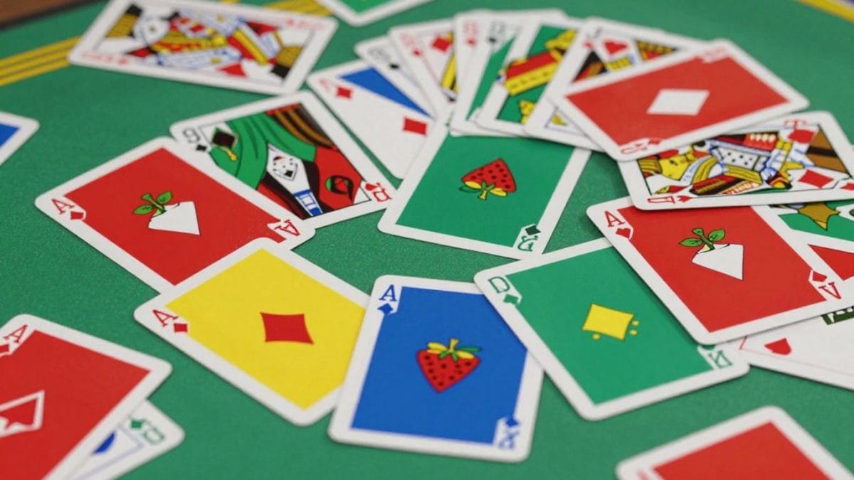 Classic Solitaire game cards fanned out on a table.