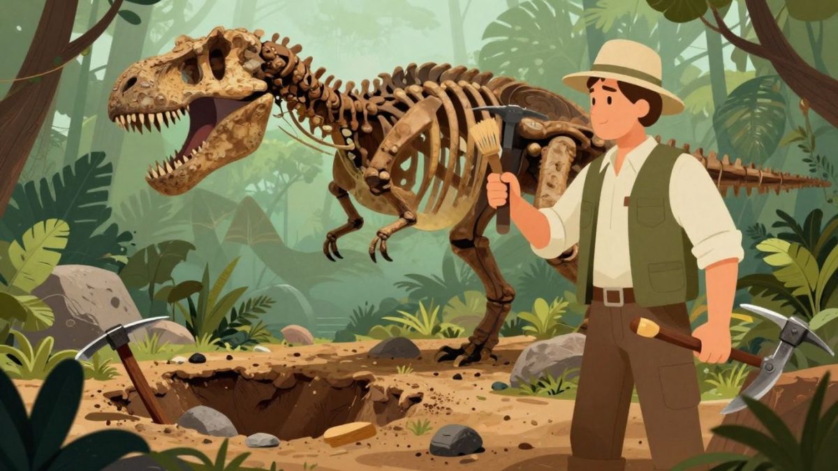 Paleontologist discovering dinosaur skeleton in game.
