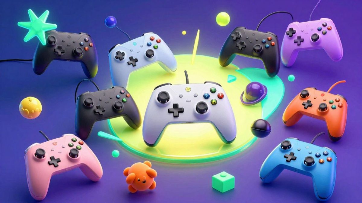 Diverse game controllers and joysticks for online gaming.
