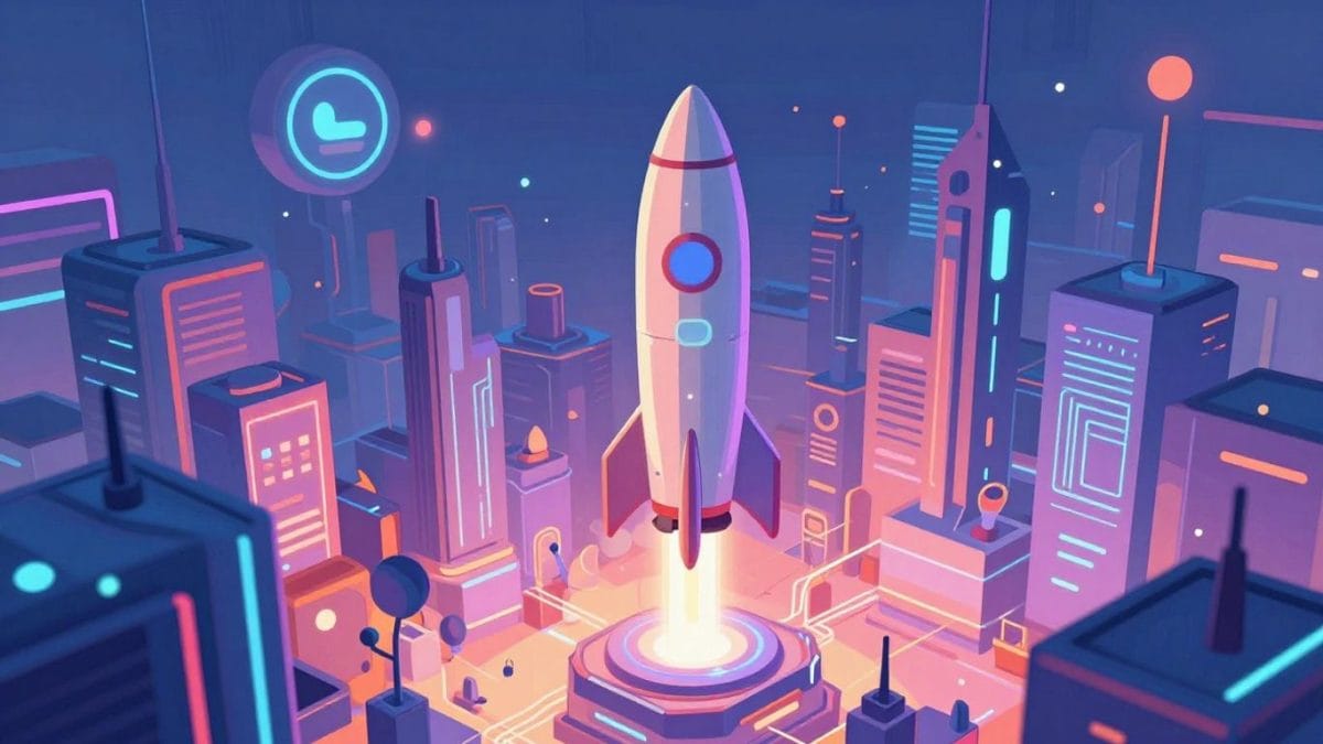 C3.ai stock analysis with futuristic AI cityscape and rocket.
