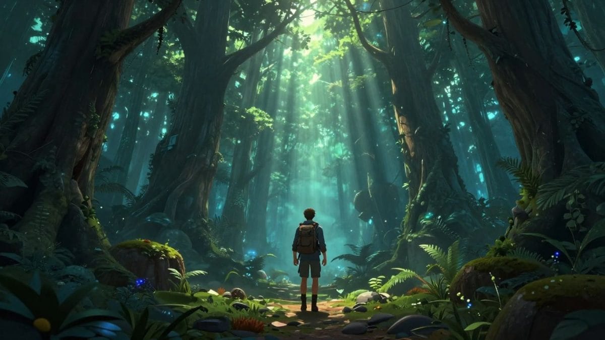 Lone adventurer in a magical, glowing forest, game art.