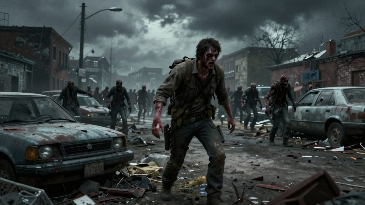 Survivor fighting zombies in a desolate, apocalyptic game world.