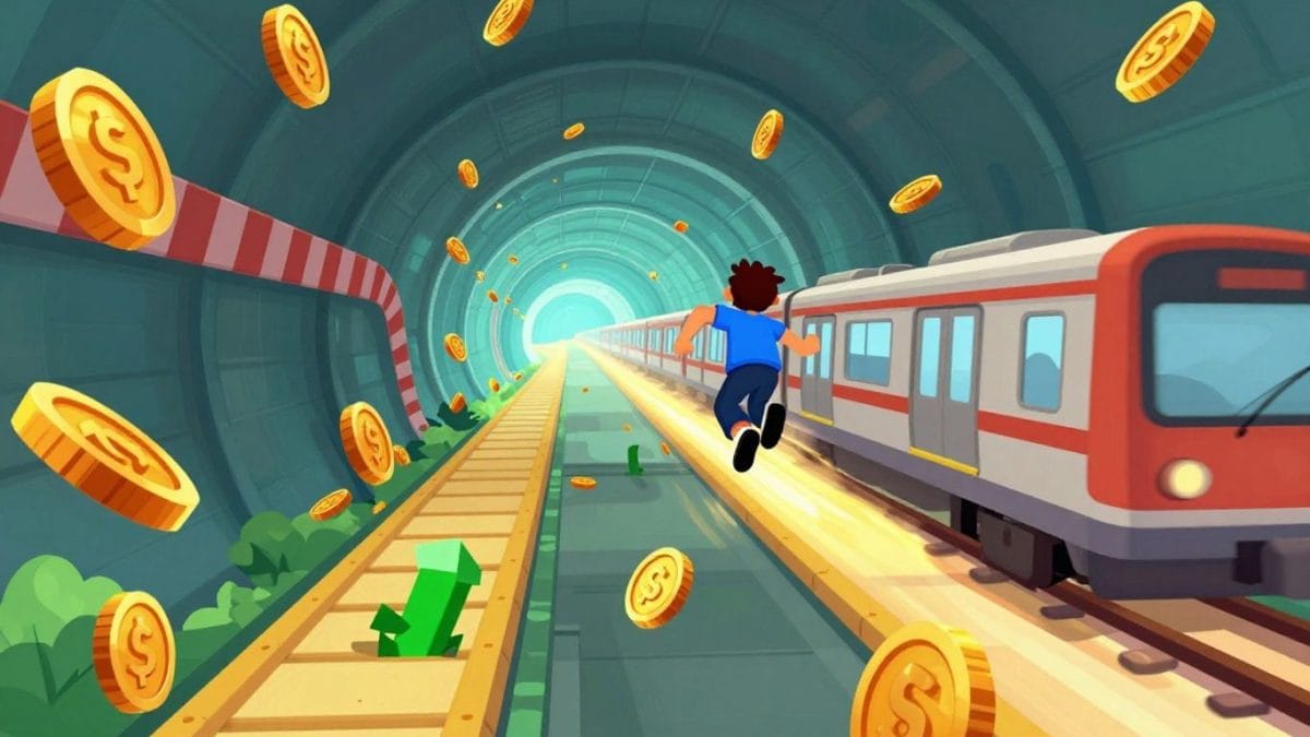 Character running and jumping in a subway game.