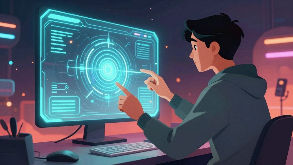 Person talking to a futuristic AI interface.