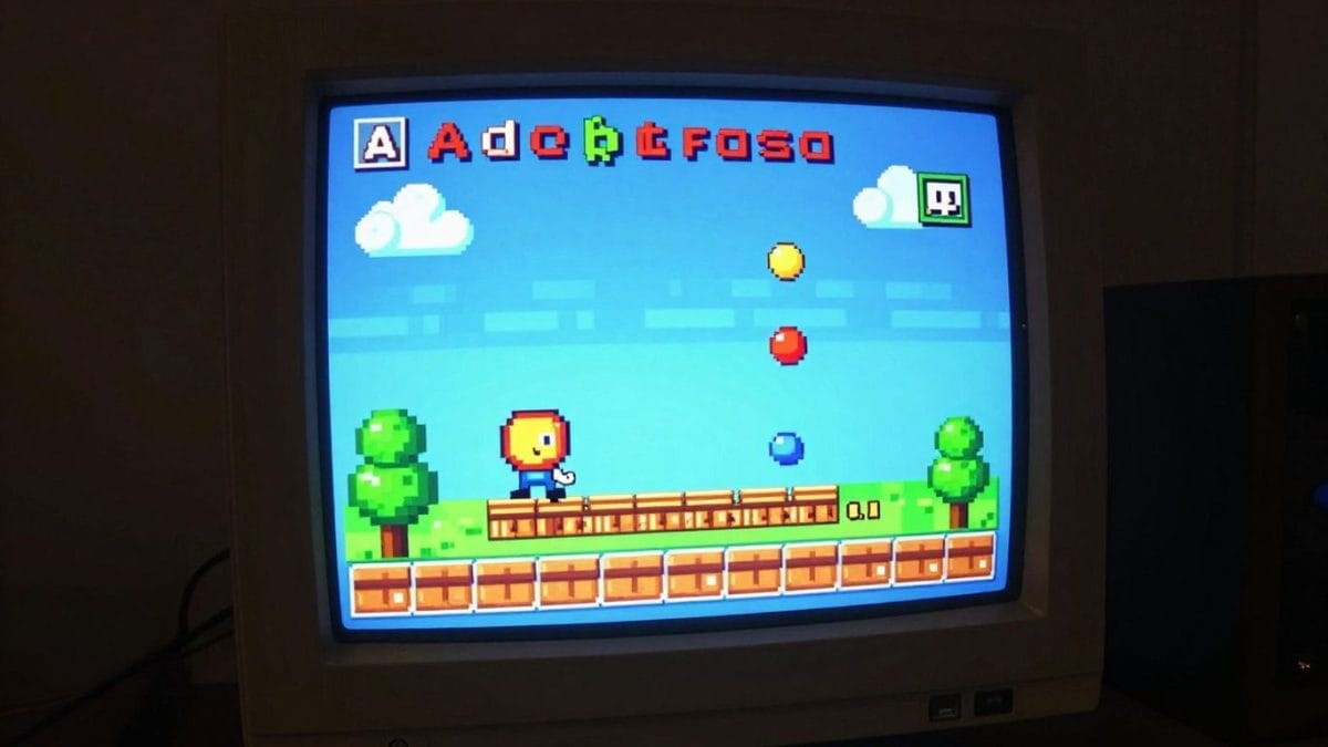 Retro computer screen playing a colorful Flash game.