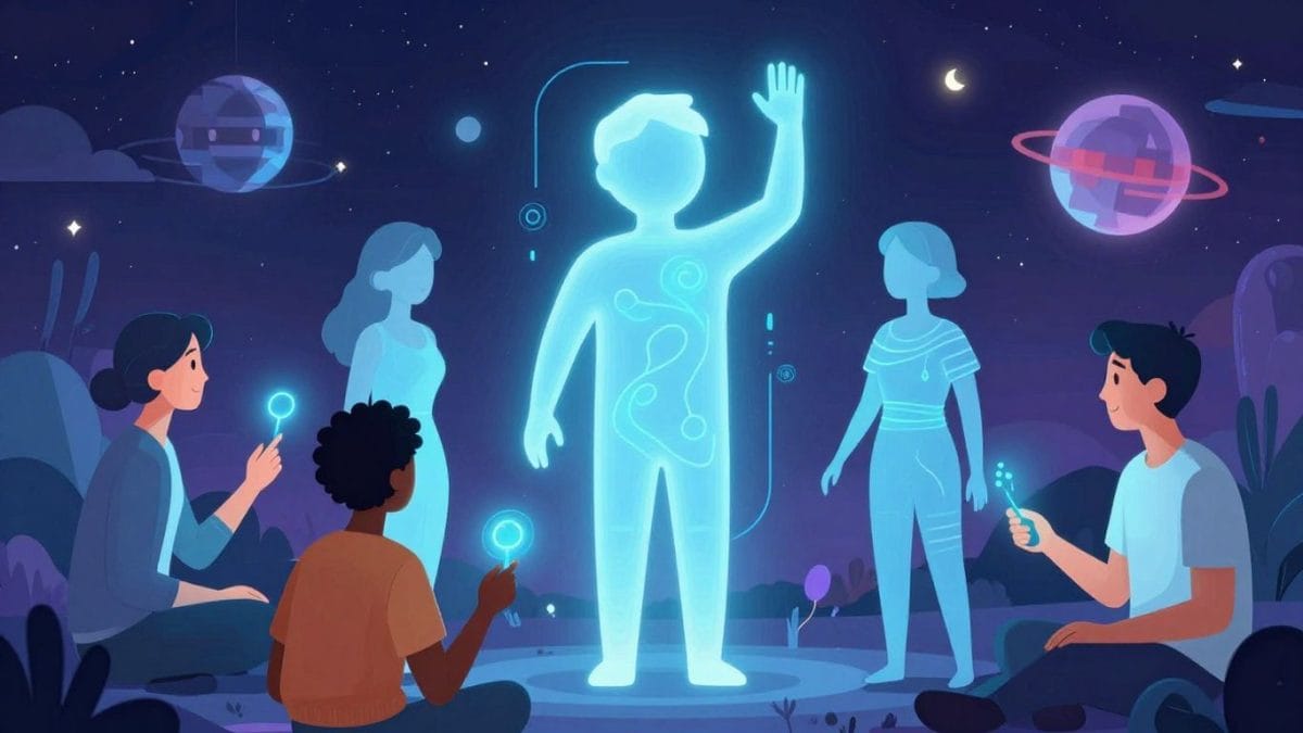 People and AI interacting in a futuristic, game-like world.