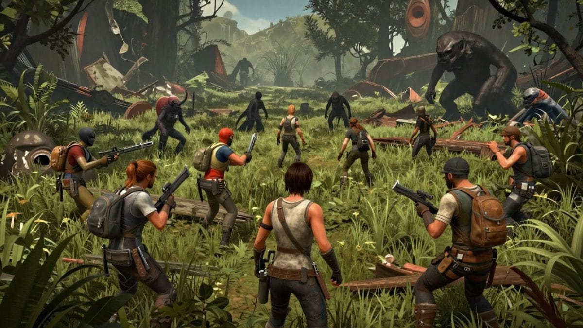 Online multiplayer survival game characters in a wilderness setting.