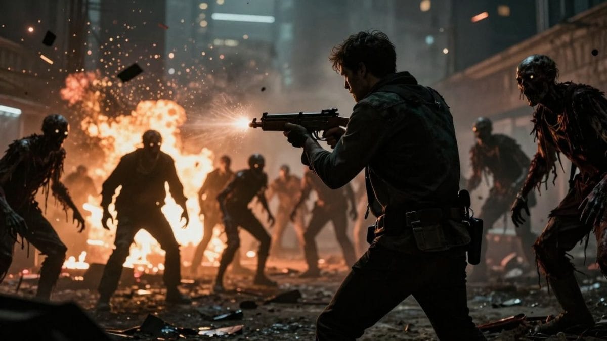 Zombie apocalypse survivors fighting a horde in a ruined city.