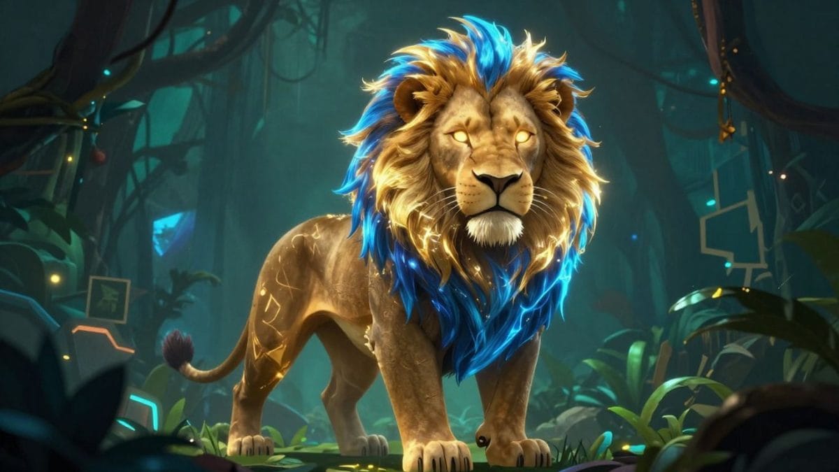 Stylized lion with glowing eyes, electric mane, game art.
