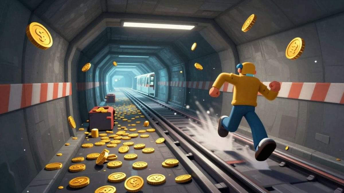 Character running and jumping in a subway game.