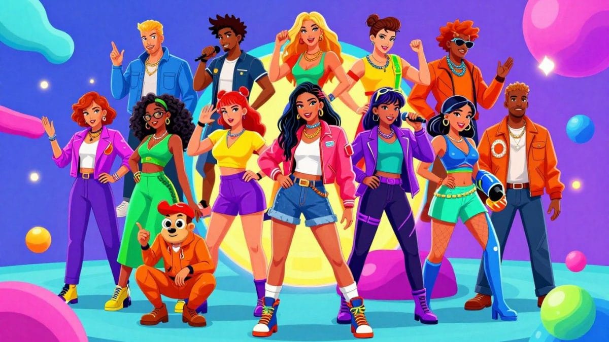 Pop culture icons in a vibrant, game-like illustration.